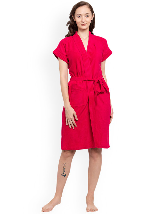 POORAK Soft Pink Solid Cotton Drawstring Knee Length Bath Robe
