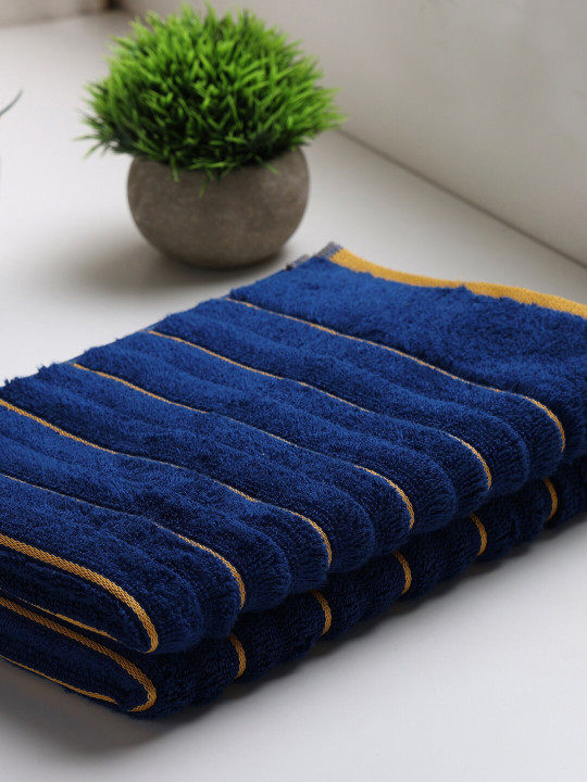 SPACES Set Of 2 Blue Striped Pure Cotton GSM 575 Hand Towels