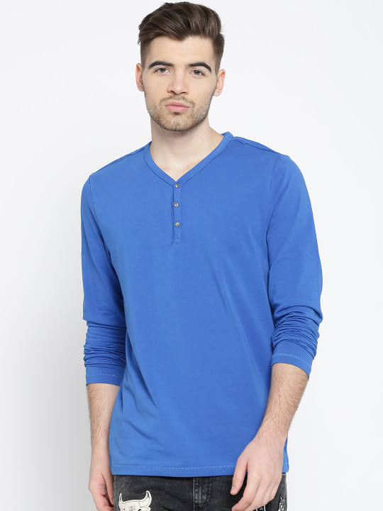 Jack & Jones Men Blue Solid Henley Neck T-shirt