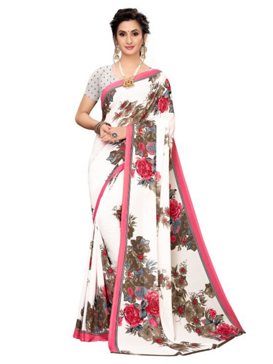 Yashika White & Grey Floral Printed Poly-Georgette Saree