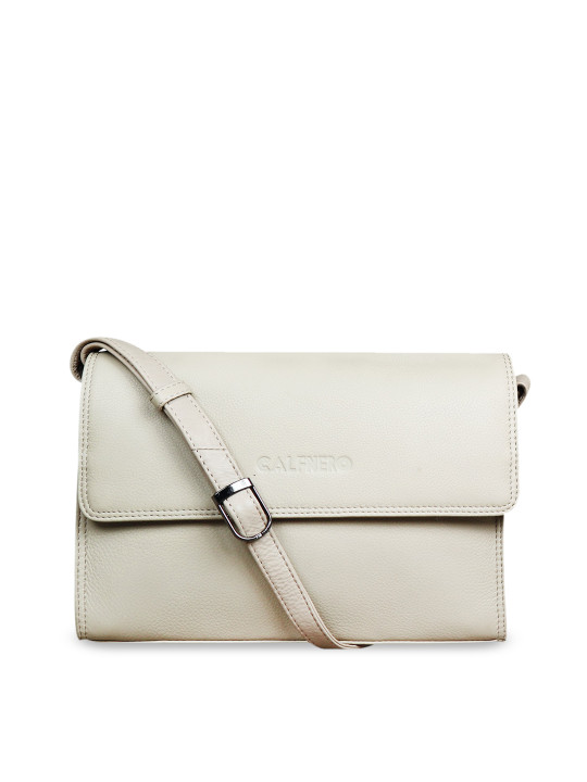 CALFNERO Cream-Coloured Solid Leather Structured Sling Bag
