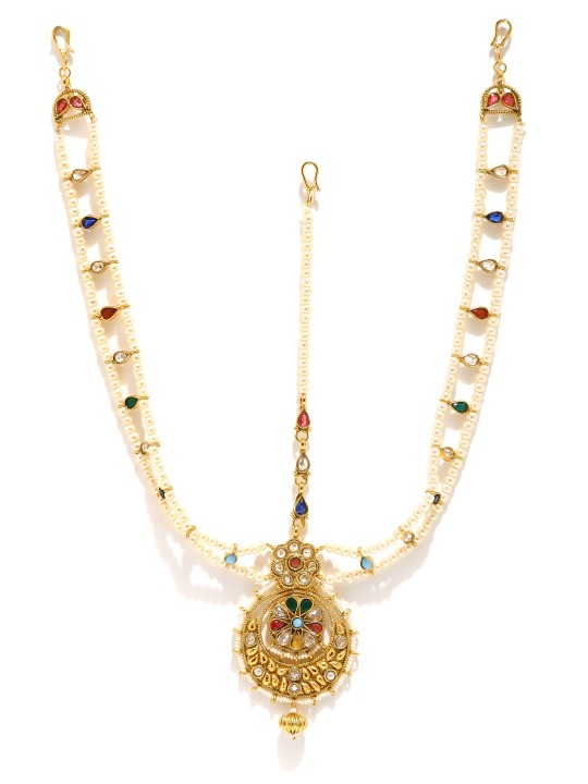 Gold-Toned Stone-Studded Beaded Navratna Matha Patti