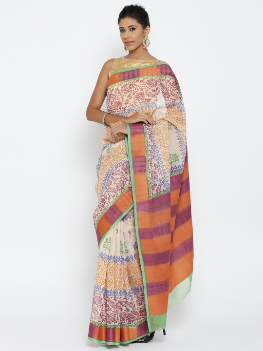 Beige Printed Banarasi Saree