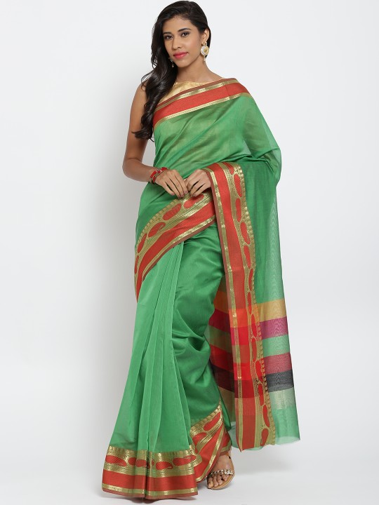 Green Chanderi Cotton Banarasi Saree