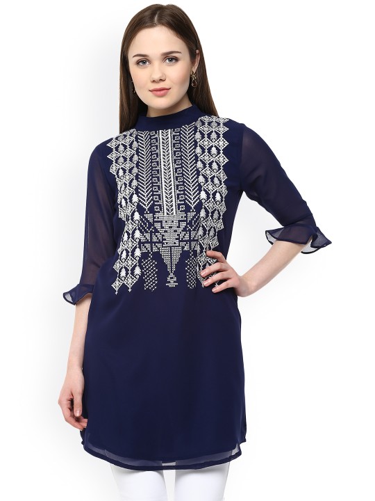 Women Navy Blue Emroidered Kurti with Back and Sleeve Detaling S