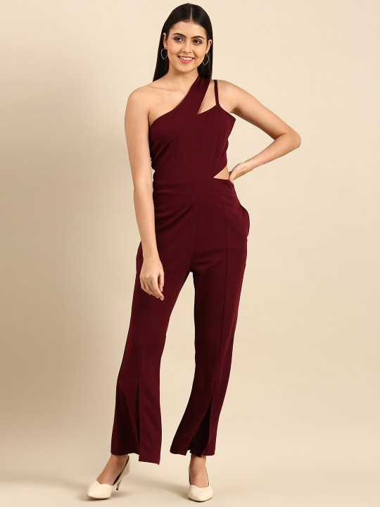 Athena Women Stylish Burgundy Solid Cut Out Jumpsuit
