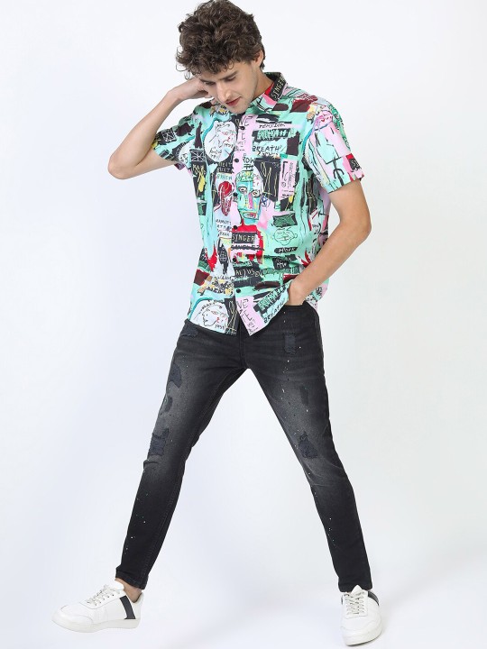 Men Green Slim Fit Printed Casual Shirt deal from myntra