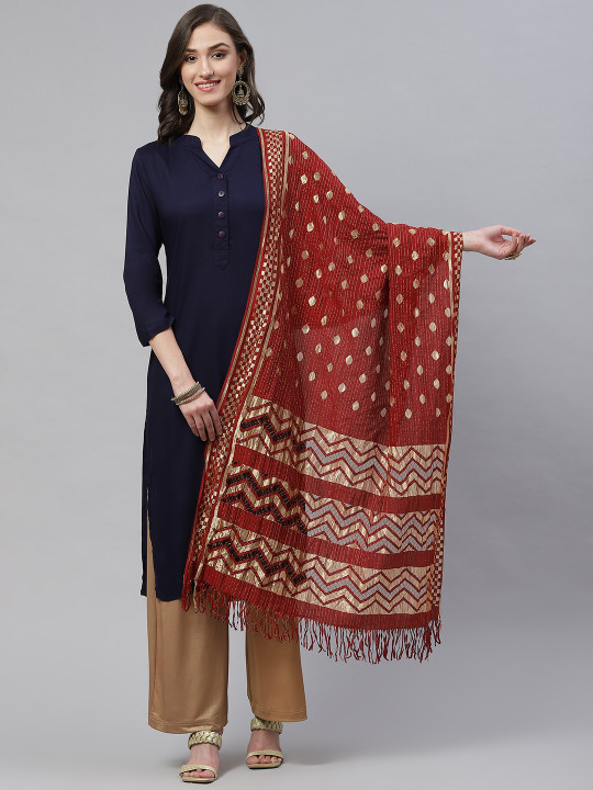 WEAVERS VILLA Maroon & Golden Ethnic Motifs Woven Design Cotton Silk Dupatta