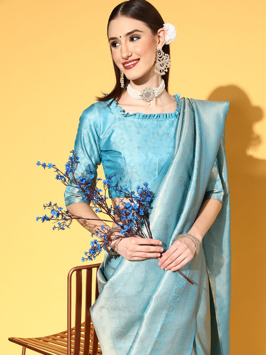 Saree mall Turquoise Blue & Golden Ethnic Motifs Silk Blend Sarees