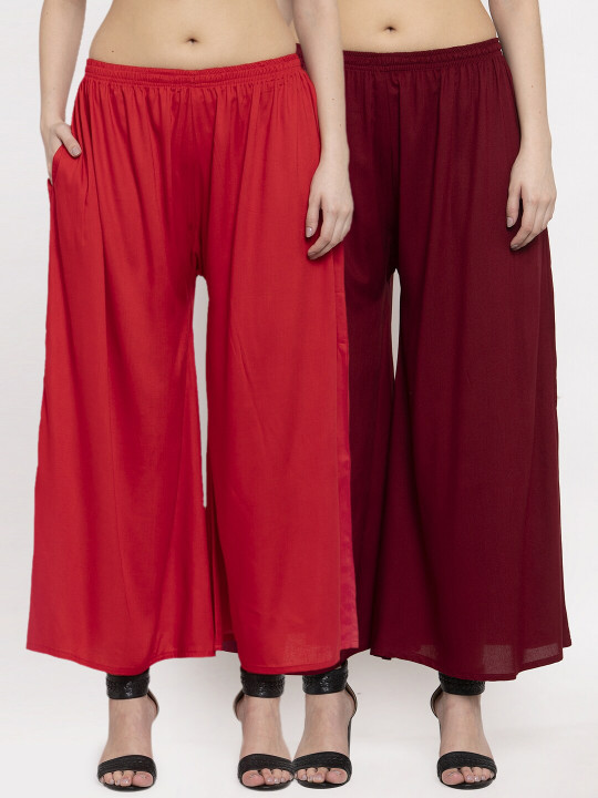 Miaz Lifestyle Women Maroon & Red Set Of 2 Knitted Palazzos