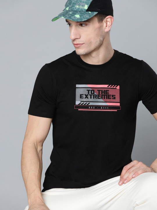 HRX by Hrithik Roshan HRX By Hrithik Roshan Lifestyle Men Jet Black Bio-Wash Brand Carrier T-shirt
