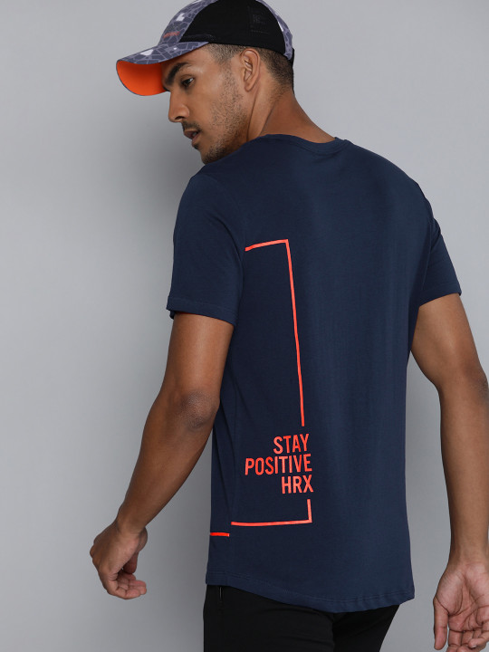 HRX by Hrithik Roshan Men Navy Blue Typography Printed Pure Cotton T-shirt