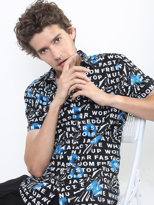 Men Black Slim Fit Printed Casual Shirt deal from myntra