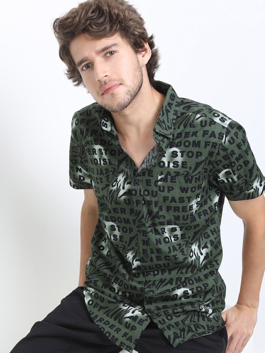 Men Olive Green Slim Fit Floral Printed Casual Shirt deal from myntra