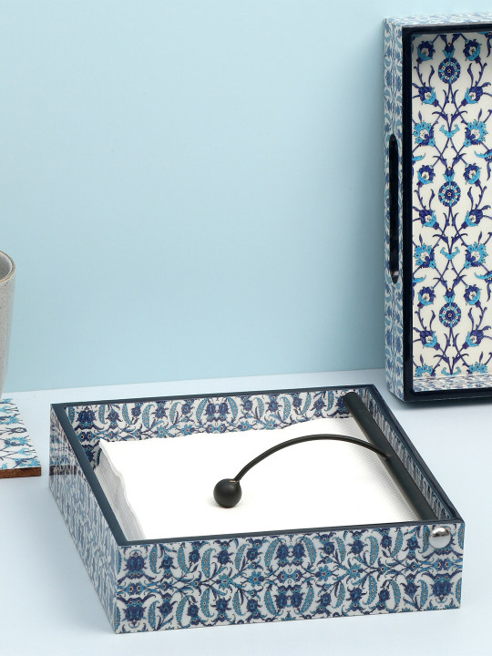 Unisex Blue & White Printed Tissues and Napkin Holder