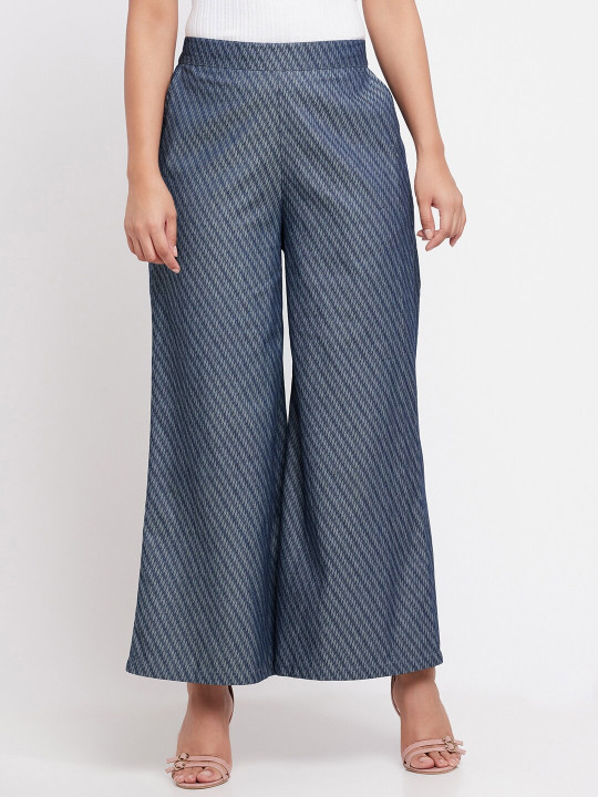 elleven Women Blue & Grey Cotton Woven Palazzos