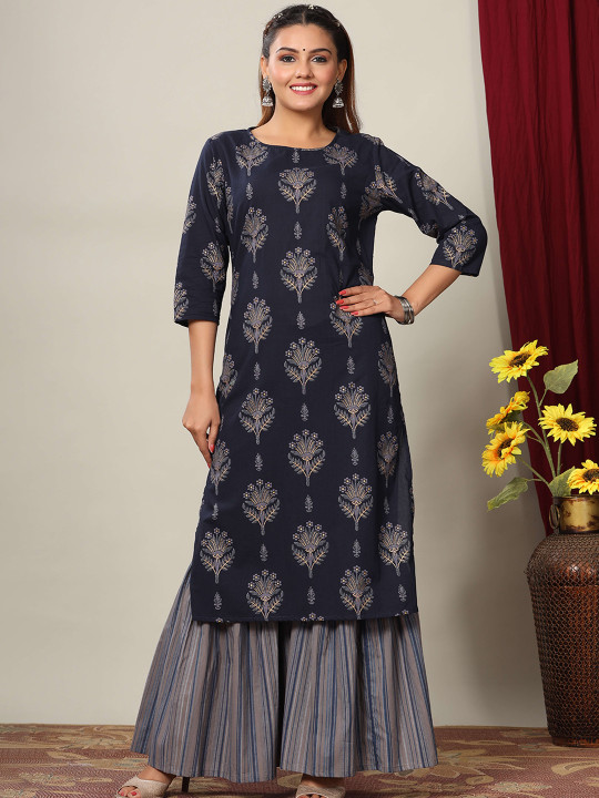 MIRAVAN Women Blue & Grey Ethnic Motifs Printed Pure Cotton Kurta with Sharara