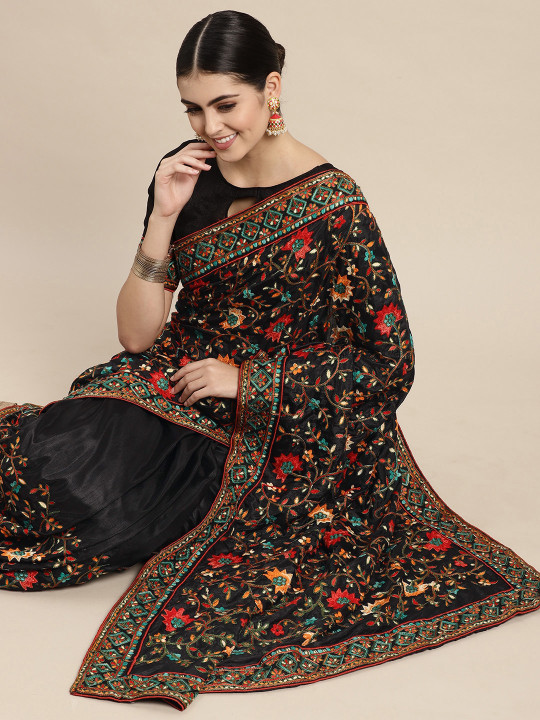 VAIRAGEE Black & Red Floral Embroidered Silk Blend Saree
