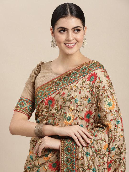 VAIRAGEE Beige & Olive Green Floral Embroidered Silk Blend Saree