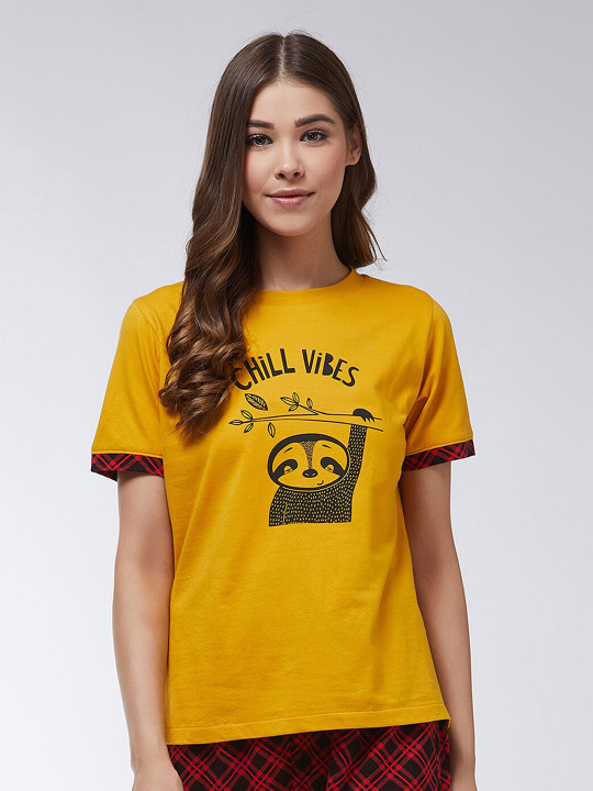 Miss Chase Women Yellow Typography Printed Applique T-shirt