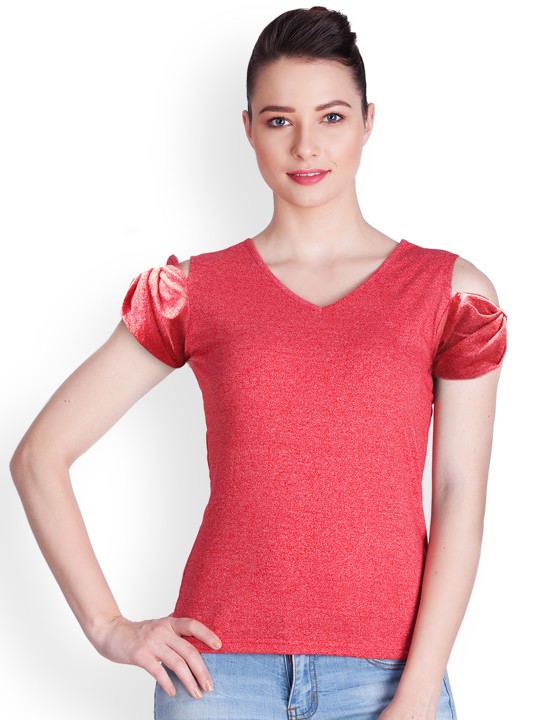 Women Red Cold Shoulder Fitted Top XS
