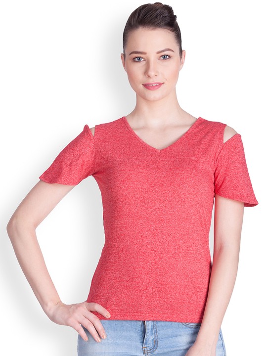 Women Red Cold Shoulder Fitted Top XS