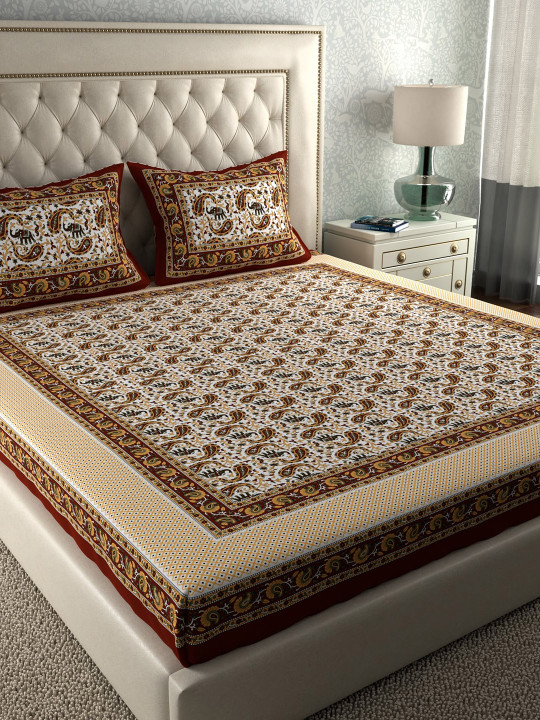 La Verne Rajsthani Urban Multicoloured Ethnic Motifs Cotton 104 TC Queen Fine Bedsheet with 2 Pillow Covers-79 x 91 inches