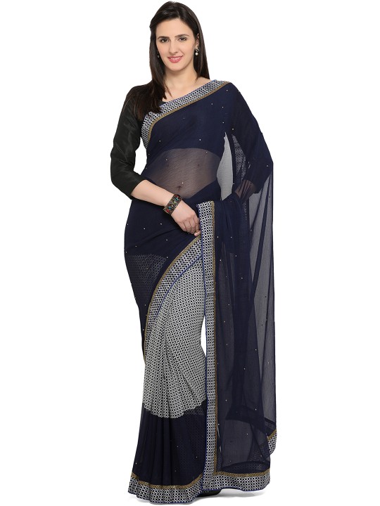 Navy & White Chiffon Printed Saree