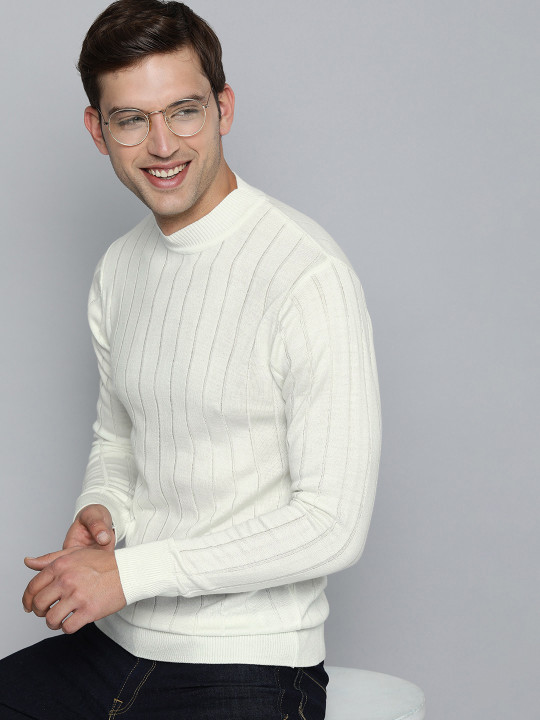 Mast & Harbour Men White Striped Turtle Neck Pullover