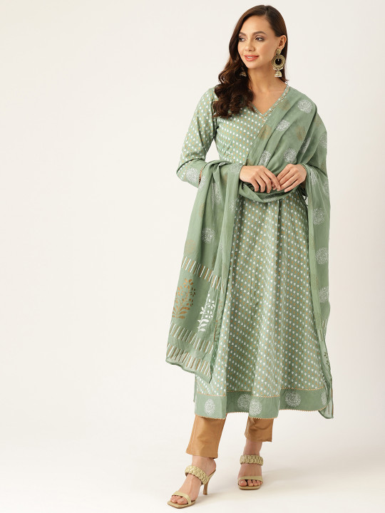 Maaesa Women Green & White Ethnic Motifs Print Cotton A-Line Kurta with Dupatta