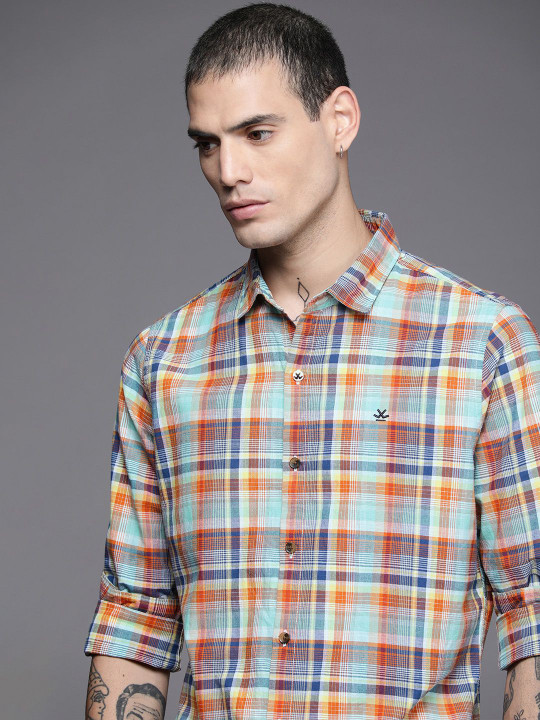 WROGN Men Blue & Orange Slim Fit Checked Pure Cotton Casual Shirt
