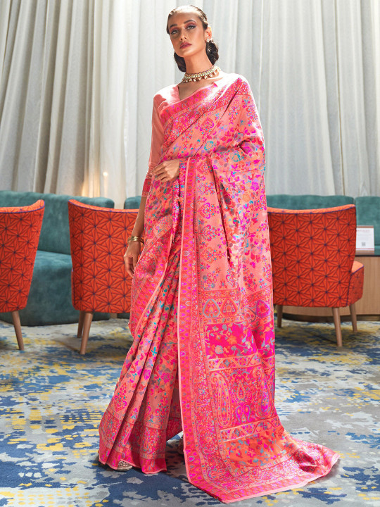 Mitera Pink & Gold-Toned Woven Design Banarasi Saree