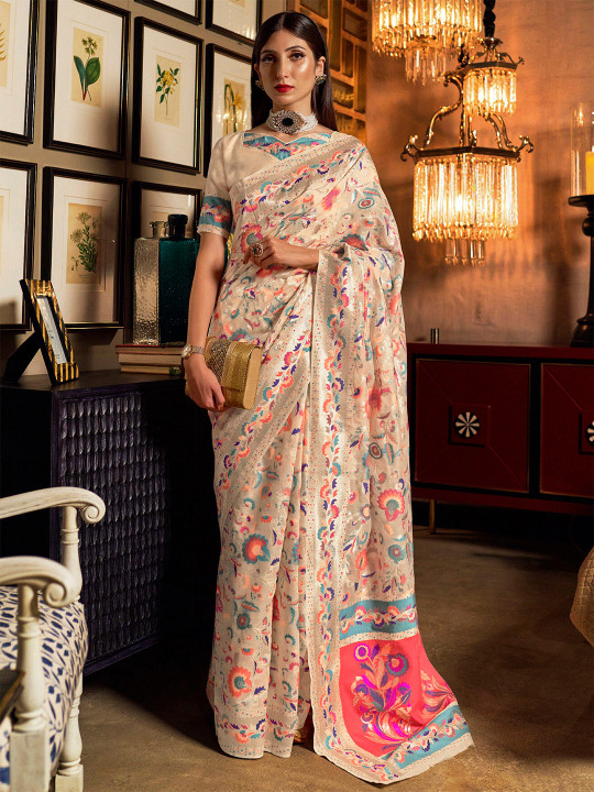 Mitera Cream-Coloured & Pink Woven Design Silk Blend Banarasi Saree