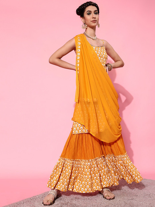 STREET 9 Women Mustard Yellow Embroidered Panelled Kurti with Skirt & With Dupatta