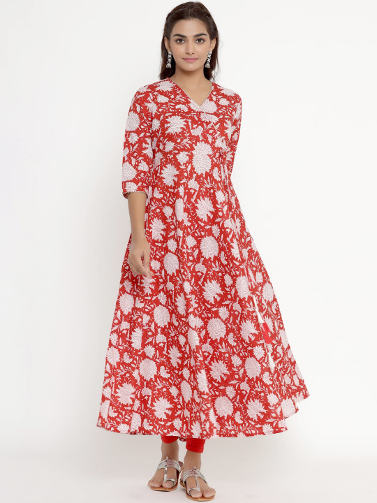 MIRAVAN Women Red Floral Checked Anarkali Kurta