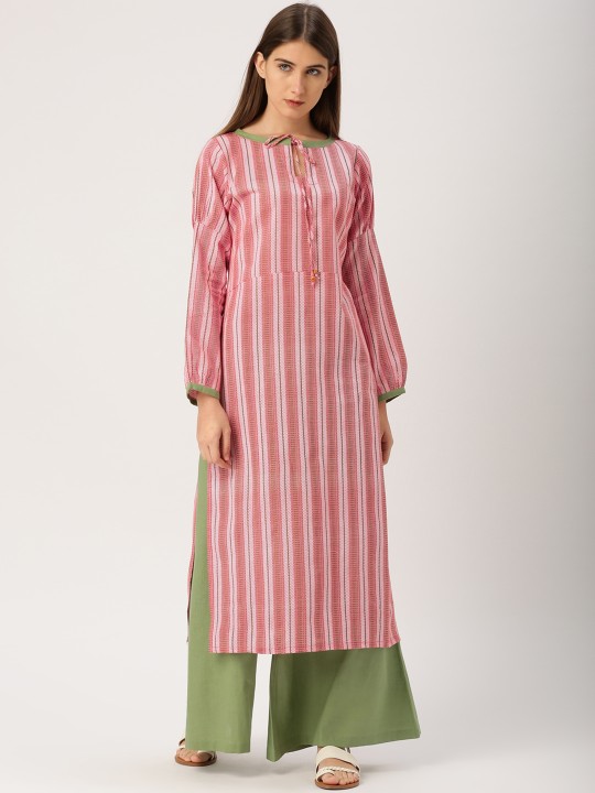 Women White & Pink Khadi Striped Straight Kurta S