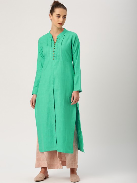 Women Green Khadi Solid Straight Kurta S