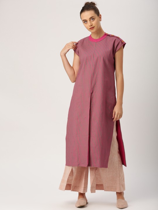 Women Magenta & Green Khadi Striped A-Line Kurta S