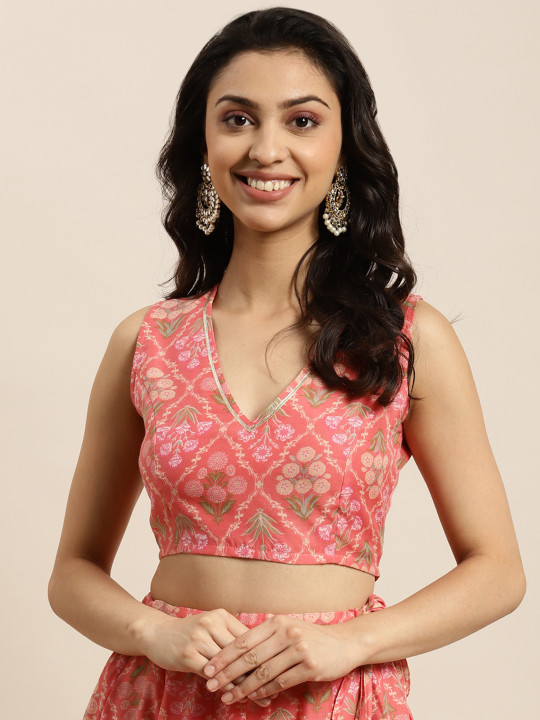 Shae by SASSAFRAS Peach-Coloured & Olive Green Print Crop Top