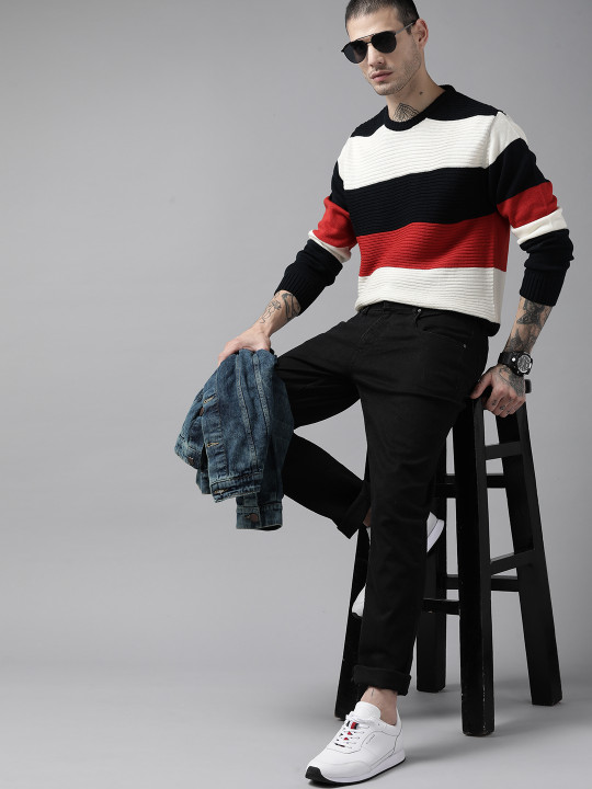 Roadster The Lifestyle Co. Men Navy Blue & Cream-Coloured Striped Fine Knit Pullover