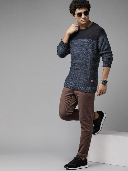 Roadster The Lifestyle Co. Men Navy Blue Self-Design Acrylic Pullover