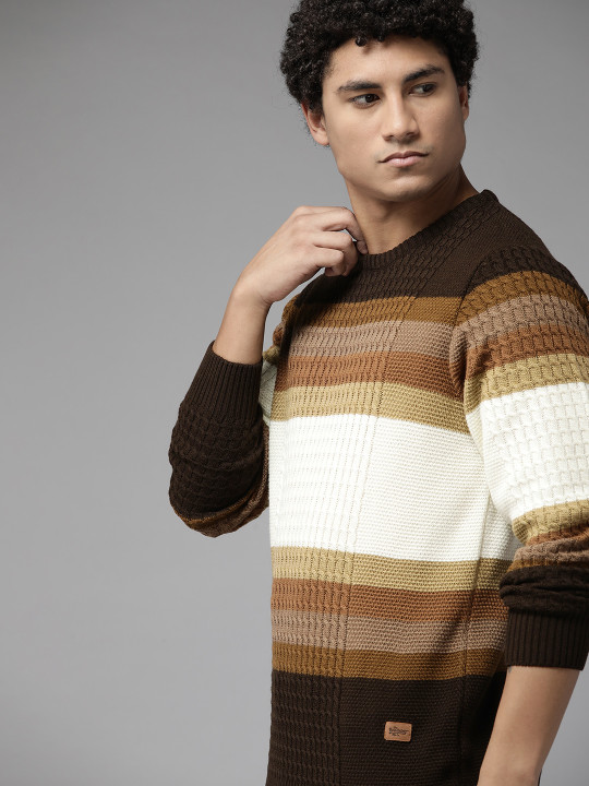 Roadster The Lifestyle Co. Men Brown & Cream-Coloured Striped Acrylic Pullover