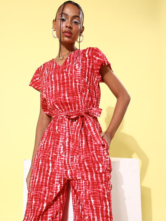 StyleStone Women Deep Red Printed Tie & Dye 2.0 Jumpsuit