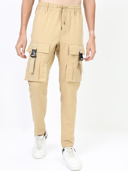 HIGHLANDER Men Beige Easy Wash Cargos Trousers