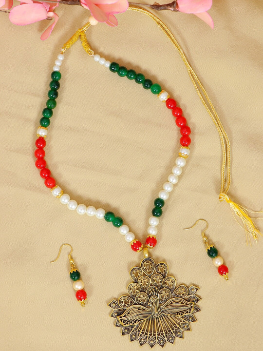 Crunchy Fashion Gold-Plated White & Green Beaded Enamelled Jewellery Set