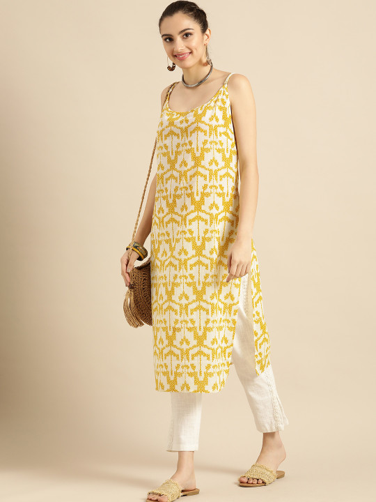 Sangria X fwd Women Mustard Yellow & Yellow Printed Cotton Kurta