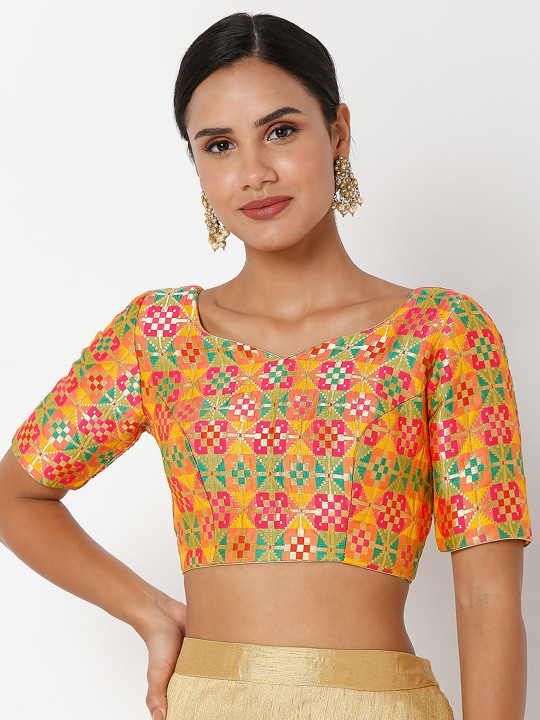SALWAR STUDIO Women Yellow & Orange Woven-Design Brocade Saree Blouse