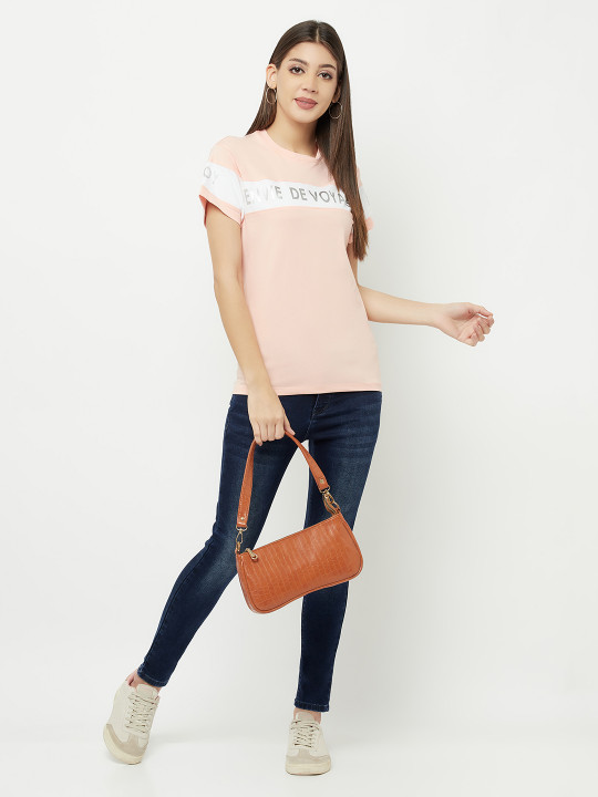Crimsoune Club Women Pink Typography Printed Slim Fit T-shirt