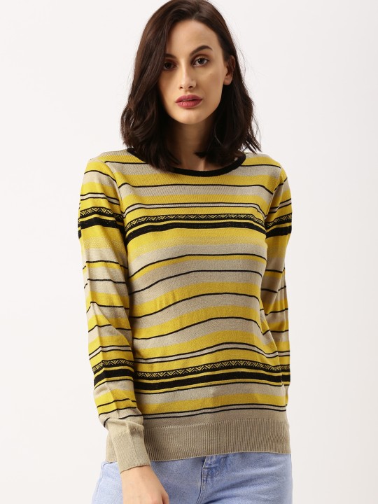 from Deepika Padukone Women Beige & Mustard Yellow Striped Pullover S