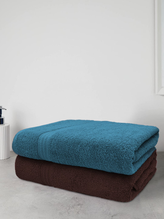 Aura Set Of 2 Teal & Cocoa Solid Cotton 500 GSM Bath Towels